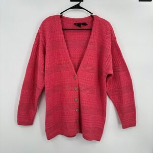 Vintage Lizsport Womens Pink Textured Knit Button Front Cardigan Sweater Size L